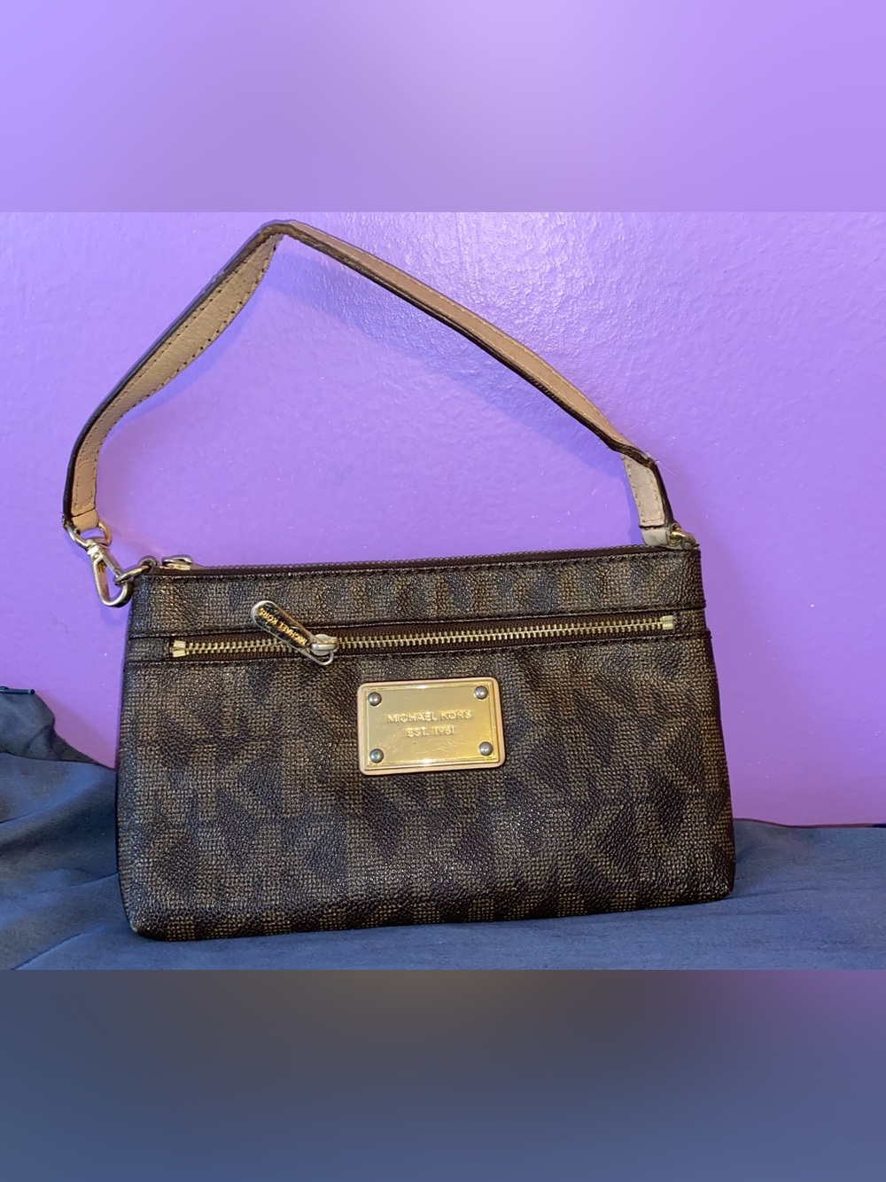Michael Kors Dark Brown MK Logo Wristlet with Gold Plate